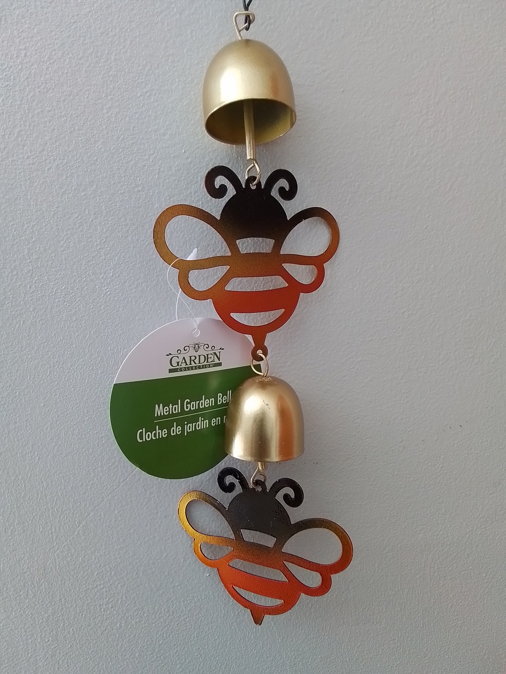 Essentials Gold and Orange Bee Hanging Metal Bell Decor